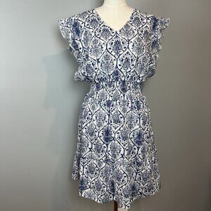 Saks Fifth Avenue Linen Mini Dress Size Large Blue White Patterned Smocked